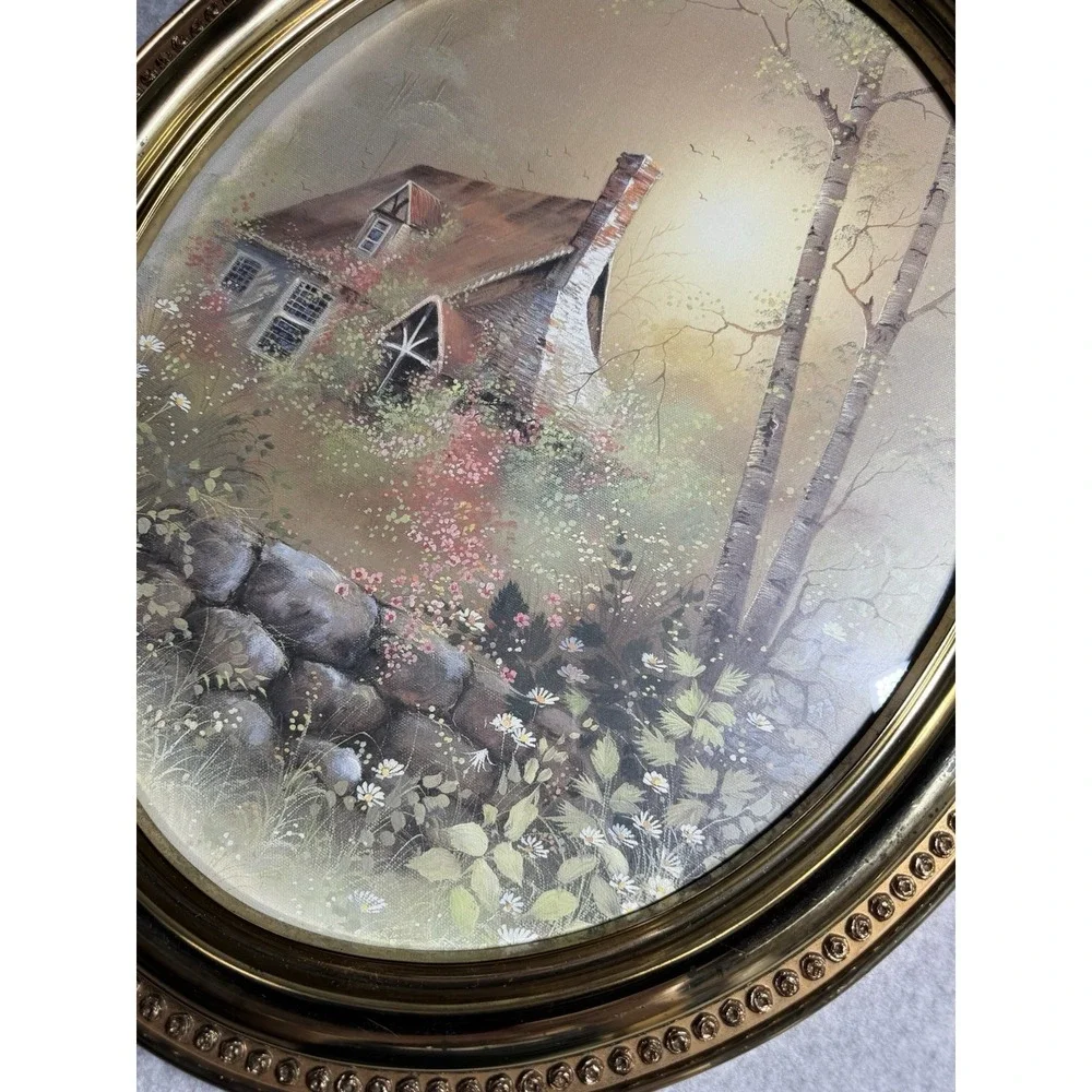Vintage Syroco 1982 Oval Gold Plastic Picture Frame Cottage In Forest Birch Tree